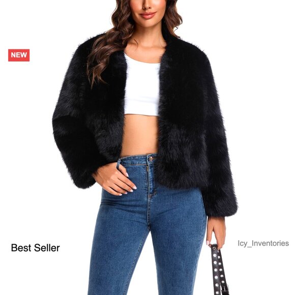 Cropped Faux Fur Jacket Fluffy Winter Coat Cardigan Style Casual Outerwear